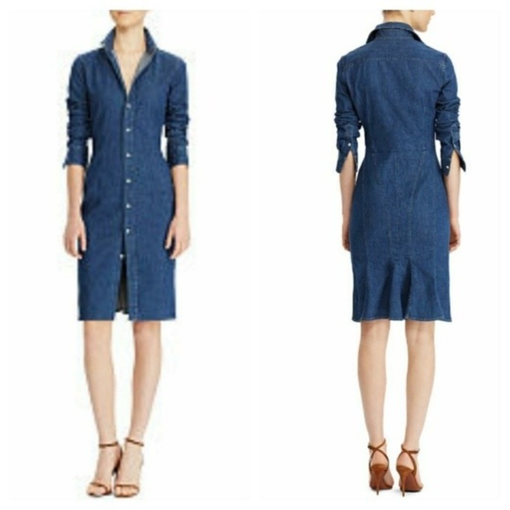 Polo Ralph Lauren Denim Shirt Dress Women 14 Blue Midi Button Western Classic